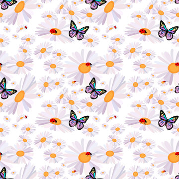 Chamomile flowers seamless pattern.