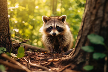 Raccoon in nature, national geography, Wide life animals. AI Generated. - obrazy, fototapety, plakaty
