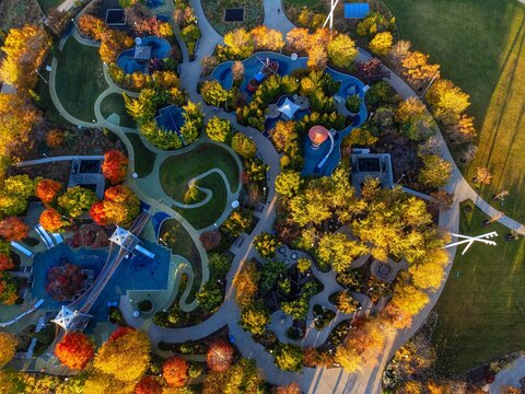 Aerial view of Maggie Daley Park at sunrise, Chicago, Illinois, USA