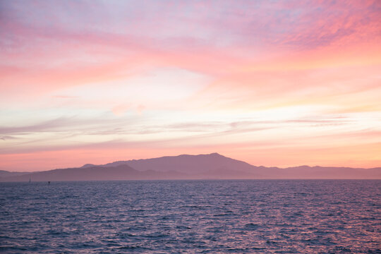 Pacific Ocean and coastal landscape at sunset, Berkeley, California, USA