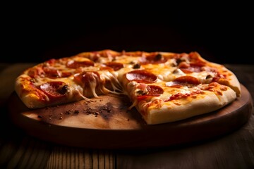 Photo of pizza on a wooden board and table, side view, black background.