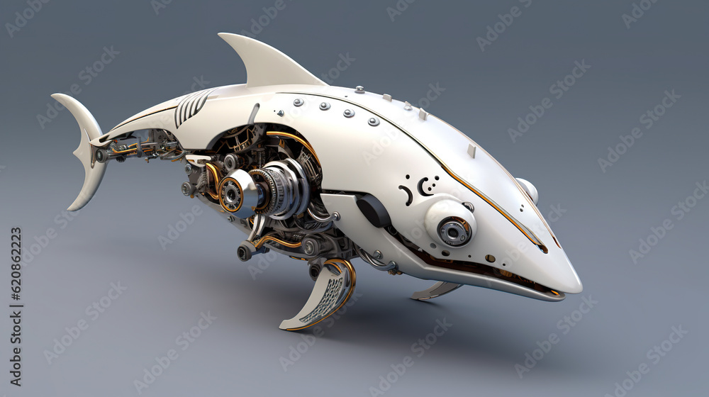 Poster a mechanical fish model with a mechanical body. generative ai. mechanical creature.