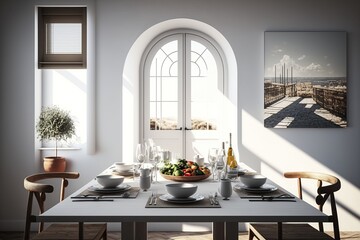 Served family dinner table.  Cozy kitchen interior with gray dining table and chairs, hardwood floor.  Generative AI
