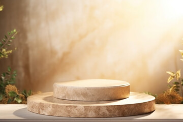 Natural podium stone mockup on luxury gold sunlight background for cosmetic and beauty product display. Generative AI
