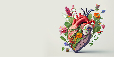 The human heart framed by fresh flowers and on a uniform background. Generative AI