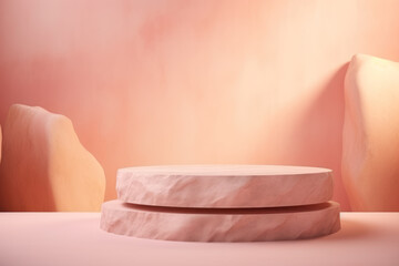 Fototapeta na wymiar Natural pink podium stone mockup in pastel color for cosmetic and beauty product display. Generative AI