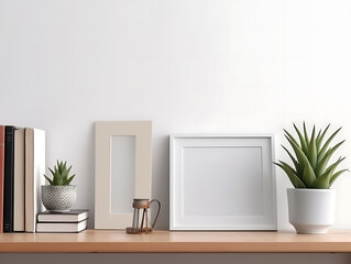 Fototapeta na wymiar White picture frame mockup. Vintage wooden table with Aloe vera plant, camera on pile of books and watering can. White wall background. Scandinavian interior, neutral colour.Ai generative