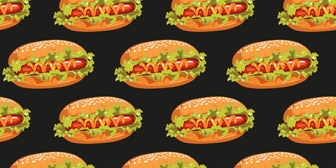 Seamless pattern with hot dog on a black background,
vector illustration