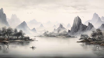 Fototapeta na wymiar Seamless pattern of chinese ink mountian watercolor landscape background illustration. Generative AI