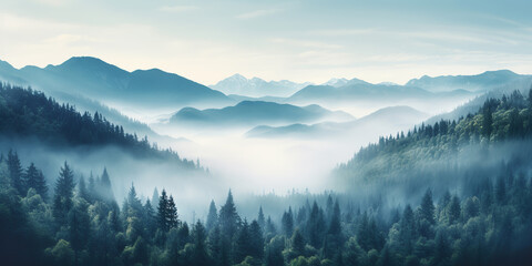 illustration mountain forest mist morning mystic. AI generative