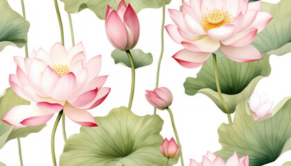 Seamless pattern of beautiful lotus flowers and leaves illustration background. Generative AI