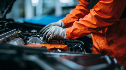 Selective focus hands in gloves of expert technician electric car, EV car while opened A used Lithium-ion car battery before its repair. ai generative