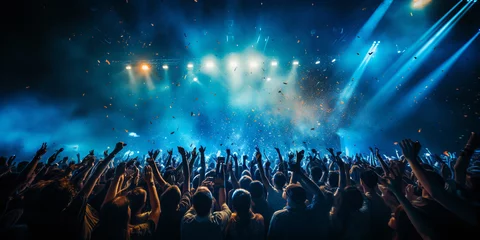 Fotobehang cheering crowd at rock concert in front of bright lights. ai generative © Oleksandr
