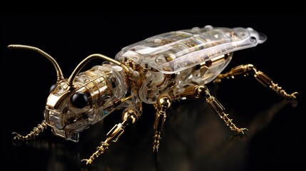 Mechanical robot - insect. Transparent plastic cyborg insect. Golden circuits, schemes, details. Generative AI