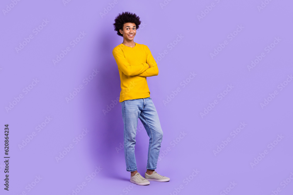 Sticker Full length cadre of young guy folded arms confident entrepreneur startup owner wear trendy outfit isolated on violet color background