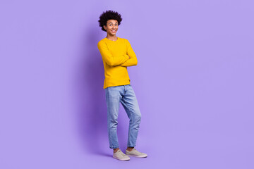 Full length cadre of young guy folded arms confident entrepreneur startup owner wear trendy outfit isolated on violet color background