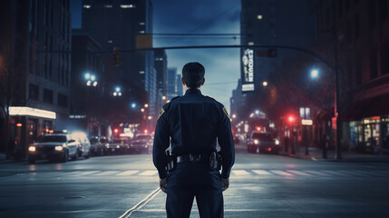 a policeman stands in the middle of the street. back view. ai generative