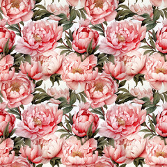 Watercolor illustration: seamless colorful pattern of peony flowers with leaves. Generative ai. Vintage botanical pattern in oriental style.