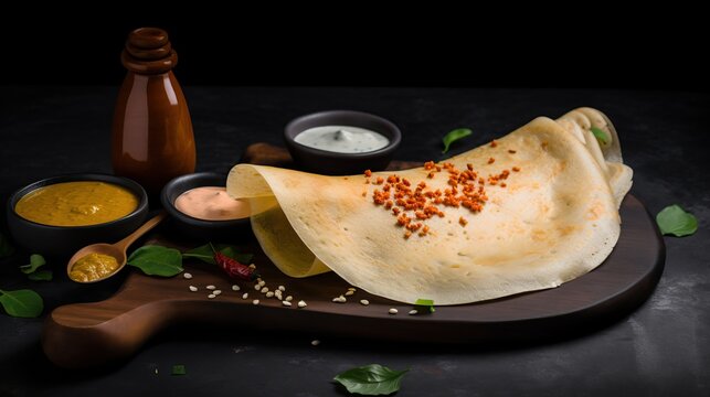 The Quinoa Dosa. Quinoa Dosa, a healthy high-protein dosa, made with quinoa, oats and lentils. Served on the wooden plate. Generative AI