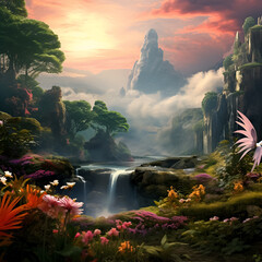 Mystical waterfall in an enchanted forest at sunset.