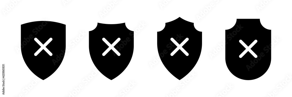 Poster black shields of different shapes with cross inside vector illustration. abstract antivirus security