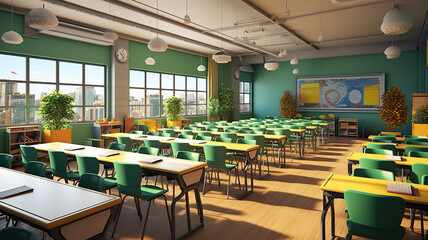 Classroom interior design with furniture and decoration. Generative Ai