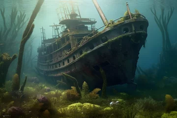 Deurstickers Schipbreuk a shipwreck at sea