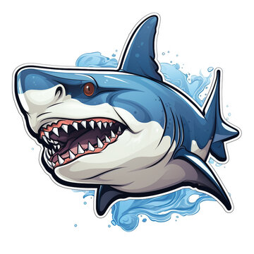 Shark 2D flat cartoon sticker. The illustration shows sharp shark teeth and predatory symbols.
