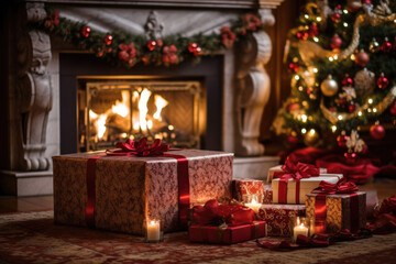 Beautiful Christmas gifts under decorated Christmas tree on floor in living room with fireplace