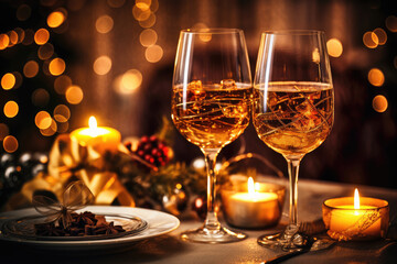 Beautifully decorated Christmas table with candles and glasses near the Christmas tree