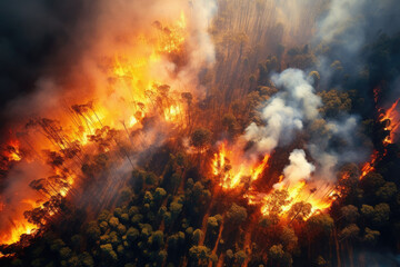 Bush forest wild fire, aerial drone view