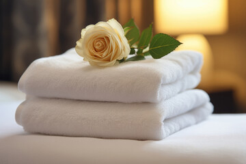 Pile of white towels on bed in bedroom or hotel