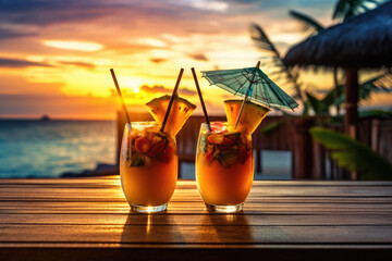 Exotic fruit tropical cocktails on beach resort at sunset