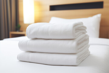 Fototapeta na wymiar Pile of white towels on bed in bedroom or hotel