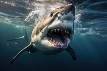 Obraz premium Closeup of scary big white shark swimming with other fishes in sunlight ocean waters