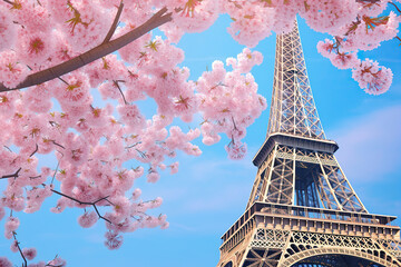 Spring in Paris. Beautiful cherry blossom tree and the Eiffel Tower
