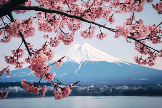 Beautiful spring season and Mountain Fuji with pink cherry blossom flowers at lake Kawaguchiko in Japan
