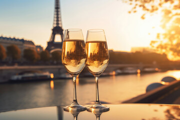 Two glasses of white wine on a table of romantic cafe or restaurant with view to Eiffel tower in Paris, France - obrazy, fototapety, plakaty