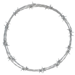 a 3D illustration of a barbed wire fence twisted into the shape of a round circle frame.