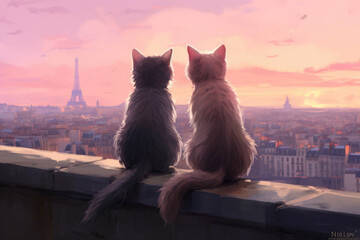 Two romantic cats sitting on the roof and looking at the Eiffel tower during sunrise or sunset, Paris, France