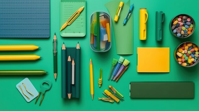 Top view of school stationery on a green surface, Bright color. Generative Ai