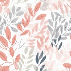 Floral pattern. Fashion trendy abstract arrangements with colorful plants. Minimalistic spring leaves with pastel pinkish colors. Seamless pattern. Generative AI