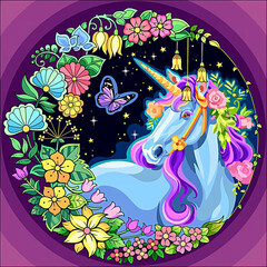 Unicorn with butterfly and flowers 