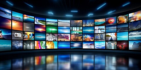 Smart TV Digital Media Wall of Screens Concept. Generative AI technology.