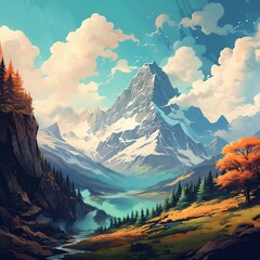Sky high mountains Blue mountains Cloudy high mountains There is a river below the mountain. Left and right are the lower mountains