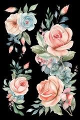 Frame of roses, Leaveson black background. Bright Colorful artistic Border with Flowers. Watercolor Drawing Floral Illustration. Element for different social media design.