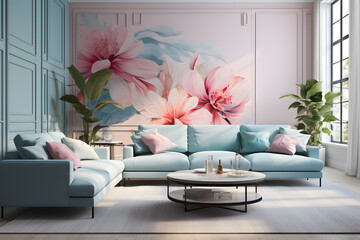 Tropical flower plant wallpaper in a light turquoise and light pink living room, art deco-inspired composition with beautiful light and shadows. AI Generated Technologie