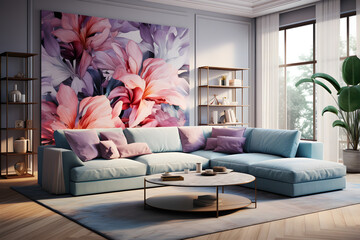 Tropical flower plant canvas in a light turquoise and light pink living room, art deco-inspired composition with beautiful light and shadows. AI Generated Technologie