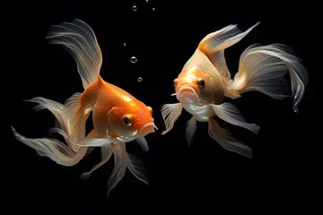 Fotobehang 2 golden fish dynamic pose in black background © AGSTRONAUT