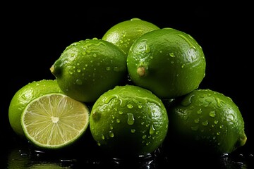 a pile of fresh and wet close-up of limes with a black background. Generative AI